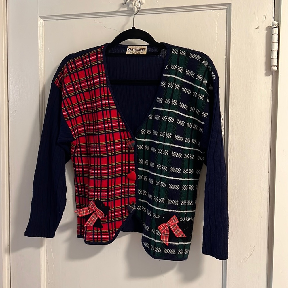 Vintage Plaid Cardigan Medium Large Scotty Dogs Hesrts